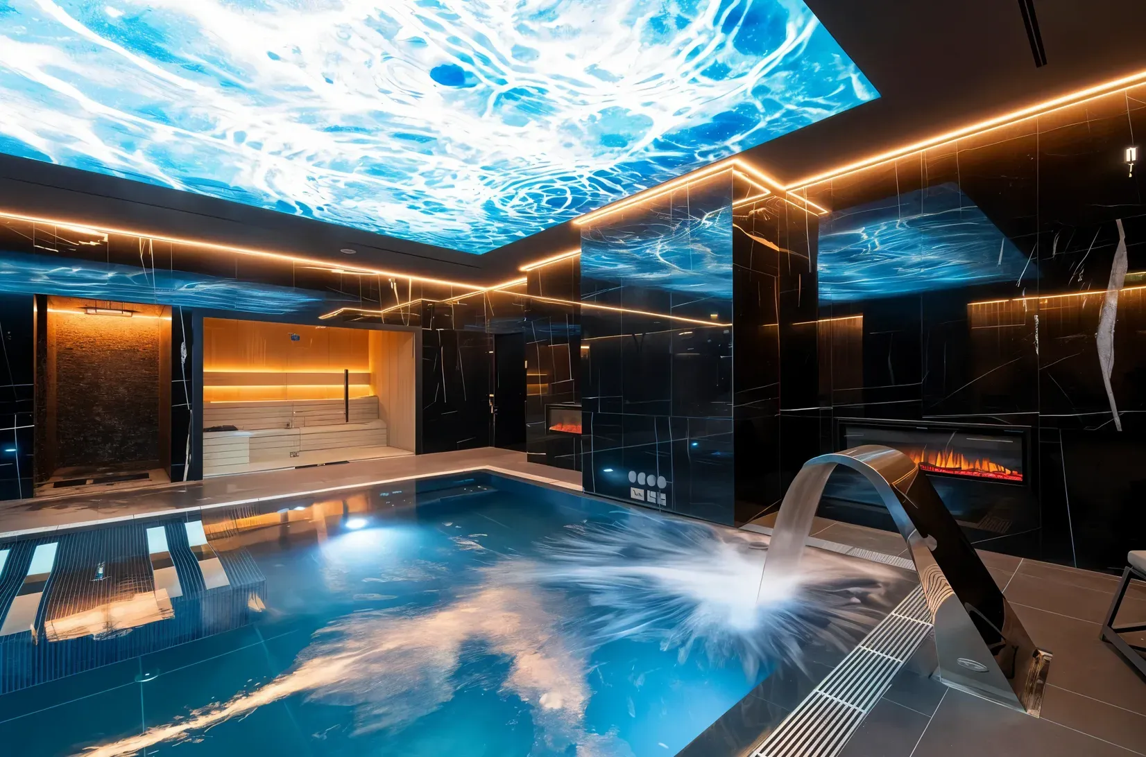Piscina interior com teto retroiluminado com imagem de água, iluminação linear quente e uma cascata.