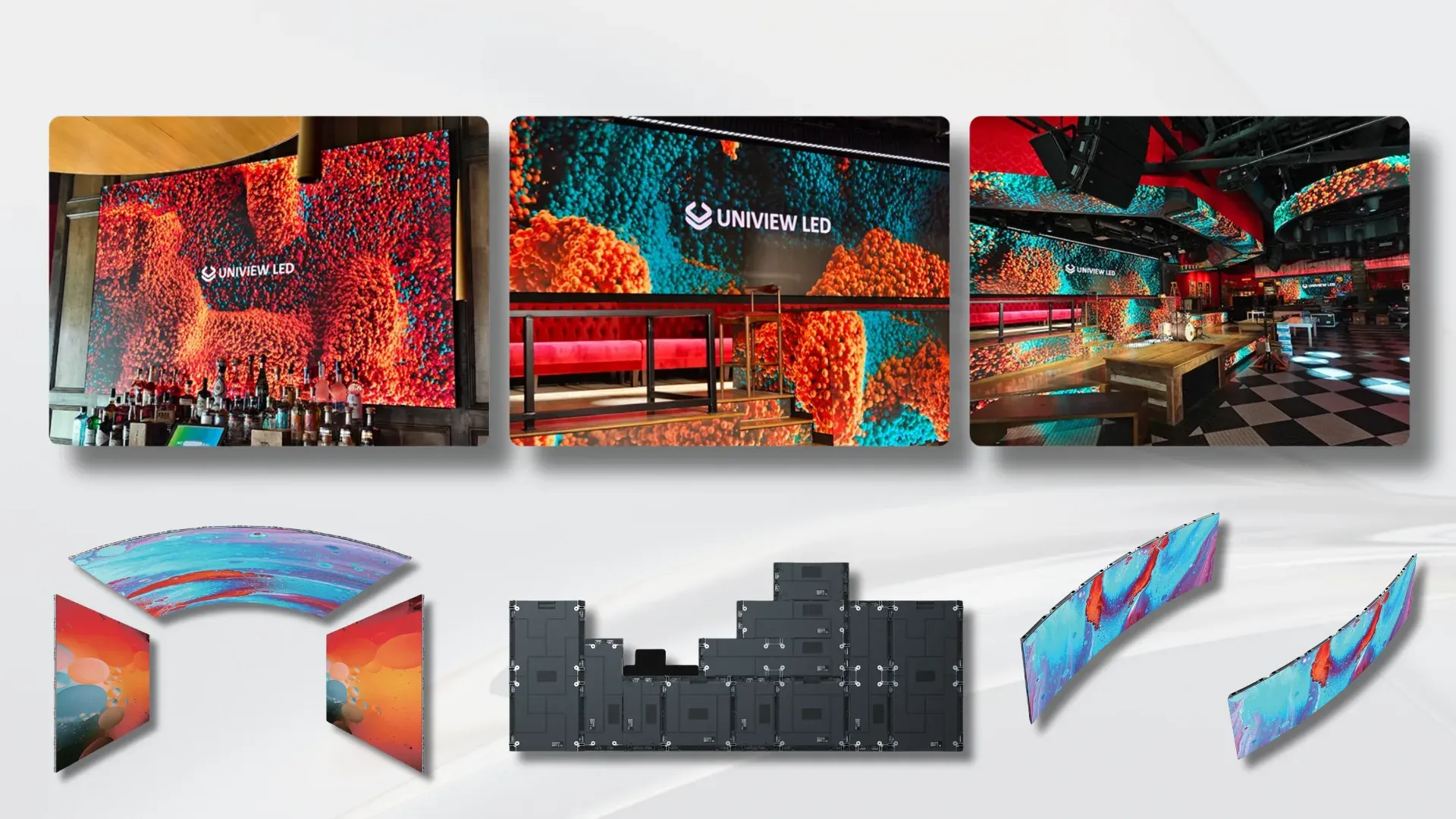 Composição sobre fundo claro: em cima, três espaços com ecrãs LED de grande formato com a marca Uniview LED — um bar, um palco com bancada vermelha e uma sala com ecrãs LED curvos suspensos; em baixo, módulos LED curvos, a traseira de um conjunto de painéis LED e dois painéis LED flexíveis.