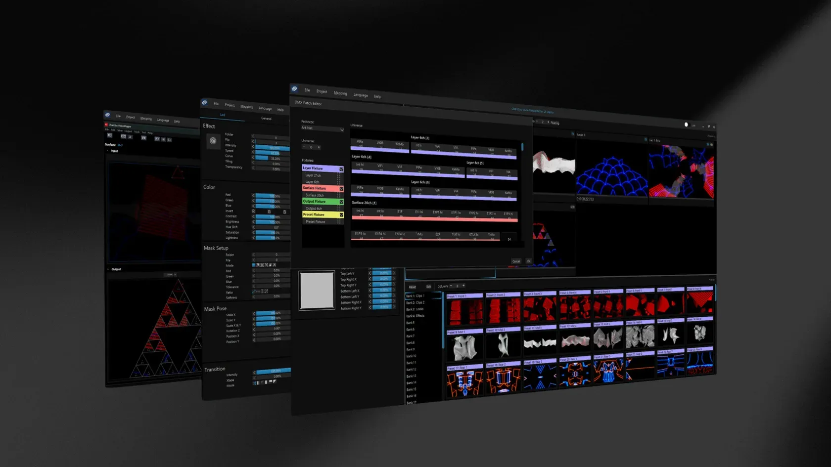 Vários ecrãs com a interface do software MediaMaster, com painéis de efeitos, camadas e conteúdos visuais, sobre fundo escuro.