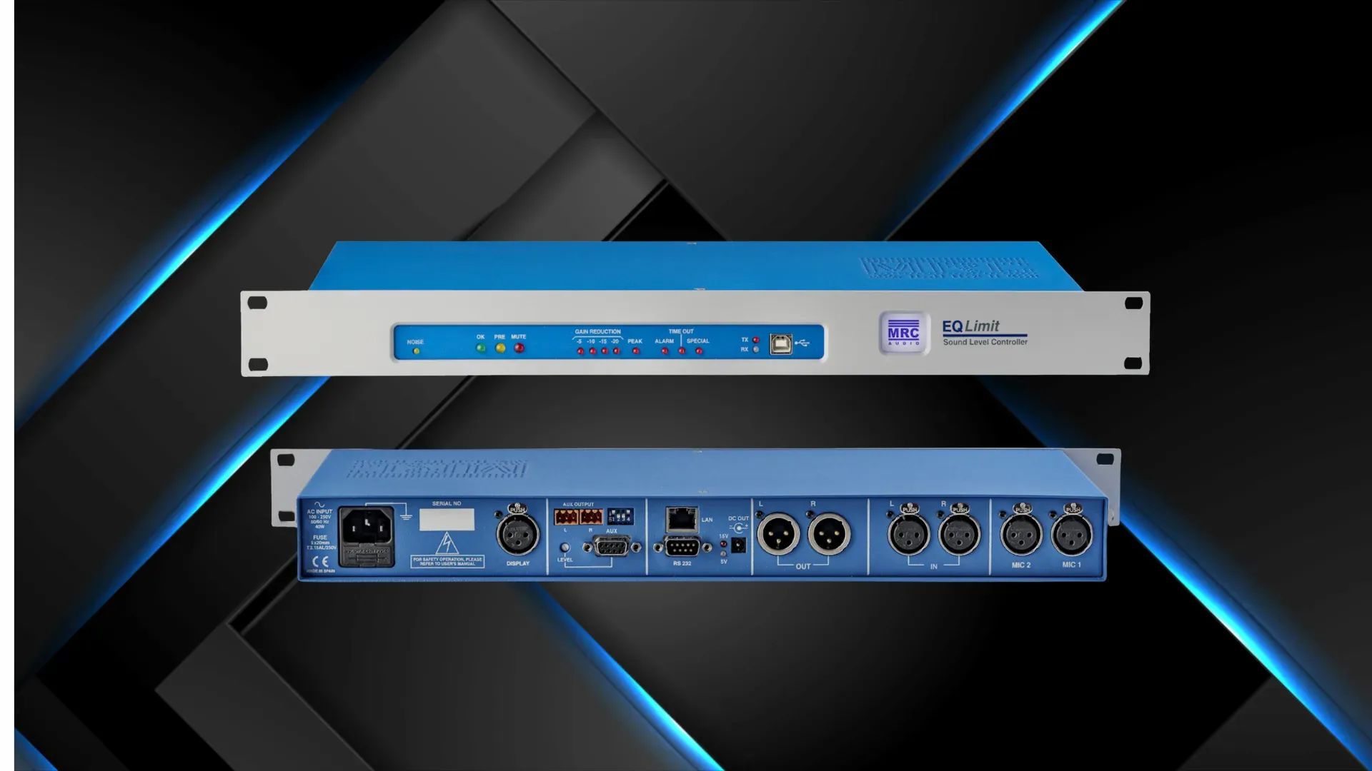 Limitador acústico MRC Audio de rack, visto de frente e de trás, com o painel de controlo de níveis e as ligações, sobre fundo azul.