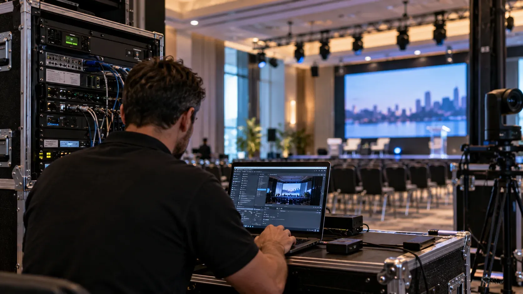 Técnico a trabalhar num portátil junto a racks de equipamento, numa sala de eventos com cadeiras alinhadas, uma câmara e um grande ecrã ao fundo.