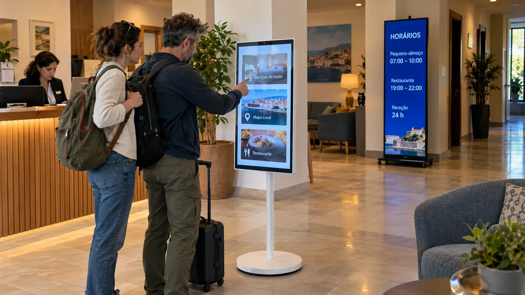 Na receção de um hotel, um casal de mochilas consulta um totem tátil com os serviços do hotel, o mapa local e o restaurante; ao lado, um ecrã vertical mostra os horários.
