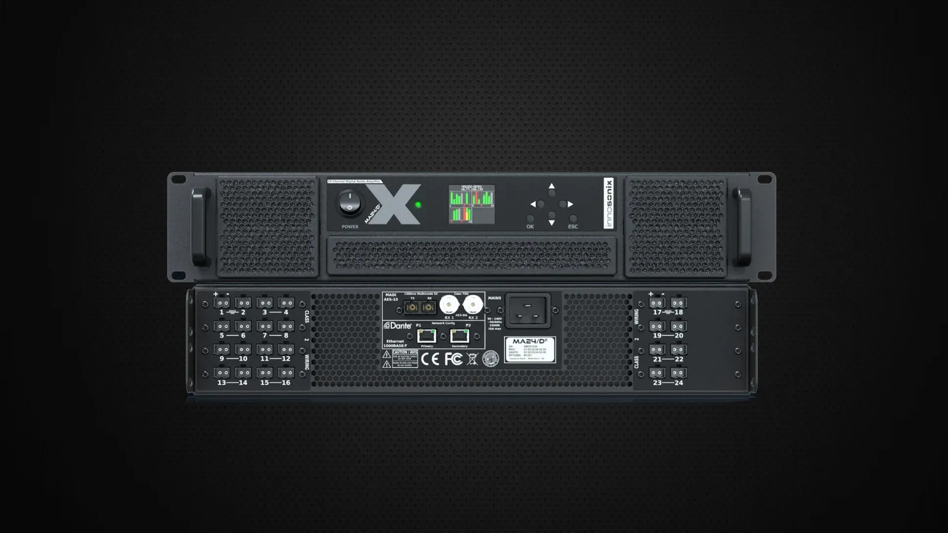 Amplificador Innosonix de rack, visto de frente e de trás, com ecrã, ligações Dante e saídas numeradas, sobre fundo escuro.