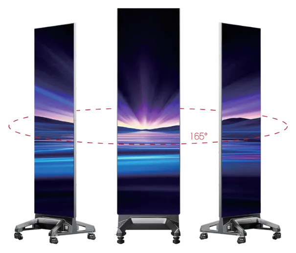 Três Led Poster com a mesma imagem, vistos de frente e de lado, com um arco tracejado e a indicação 165°.