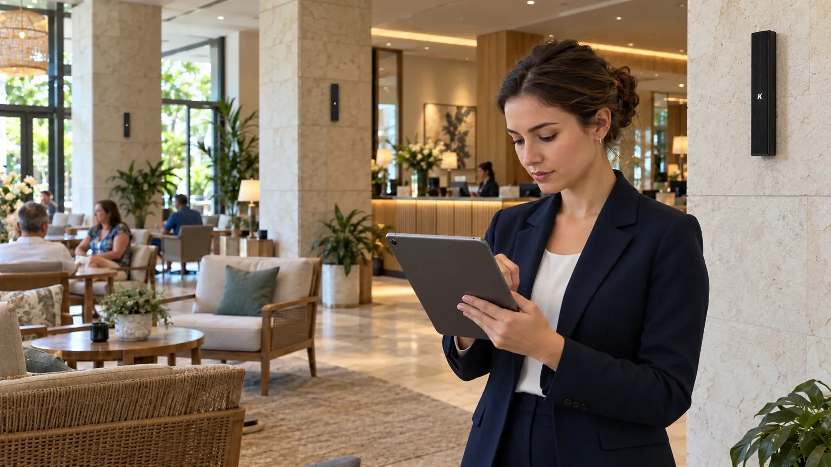 Átrio de um hotel com uma colaboradora a ajustar num tablet o ambiente do espaço, entre hóspedes na zona de estar, e colunas de som instaladas nas paredes e nos pilares.