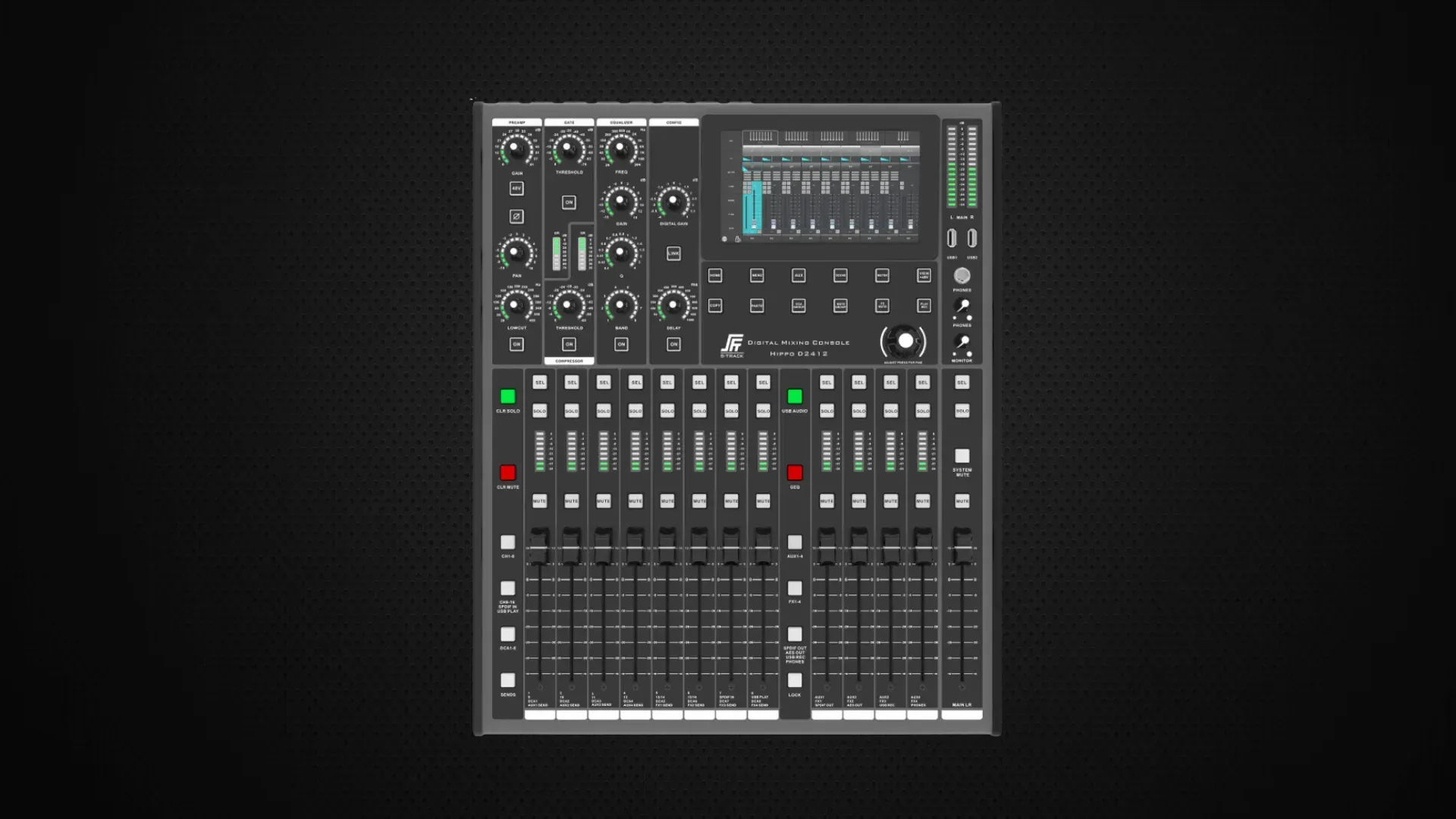Mesa de mistura digital S-Track vista de cima, com potenciómetros, ecrã e faders, sobre fundo escuro.