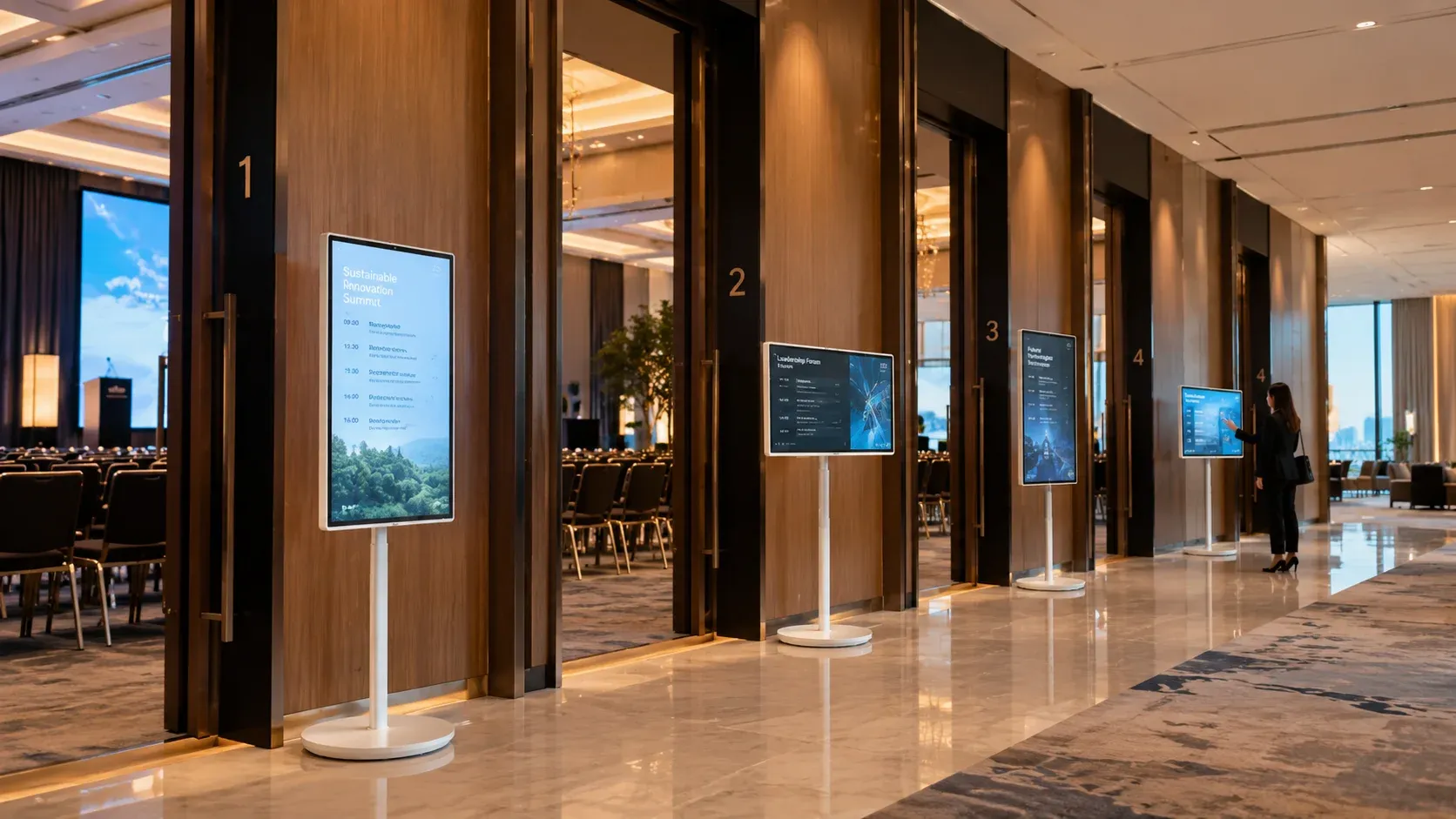 Simulação ilustrativa: corredor de um centro de conferências de hotel com quatro ecrãs Smart Rotate em pé, na vertical e na horizontal, à porta de salas numeradas, com programas de eventos no ecrã.