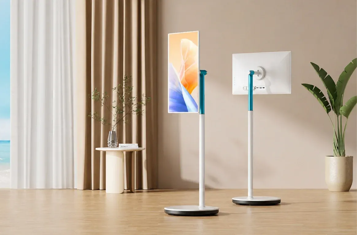 Dois ecrãs Smart Rotate em pé numa sala clara, cada um numa haste branca de topo azul-petróleo e base redonda: um com o ecrã na vertical, visto de frente, e outro com o ecrã na horizontal, visto de trás.