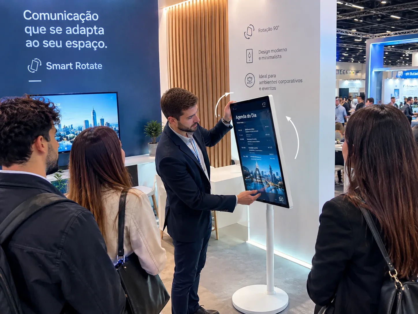 Simulação ilustrativa: num stand de feira, um homem toca no ecrã de um Smart Rotate na vertical, com uma agenda no ecrã, diante de três visitantes.